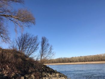 Scenic view of lake against clear blue sky