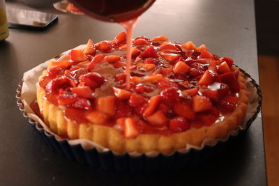 Close-up of dessert served on table