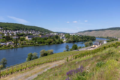 Wide angle view at bernkastel-kues, germany and the river moselle valley