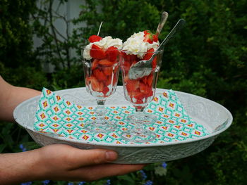 Cropped hands of person holding dessert in tray