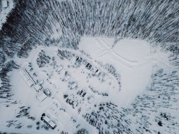 High angle view of snow covered field