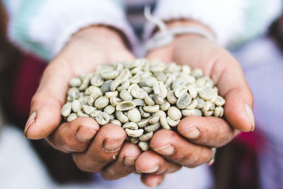 Cropped hands holding raw coffee beans