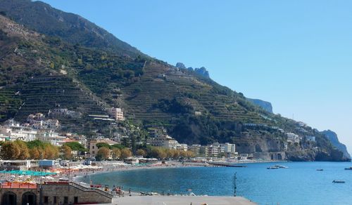 Scenic view of sea and mountains against clear blue sky