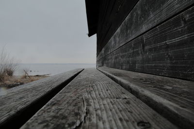 Close-up of wood at shore against sky