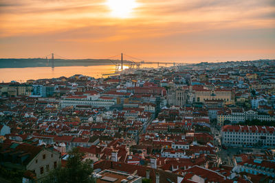 High angle view of townscape against sky during sunset