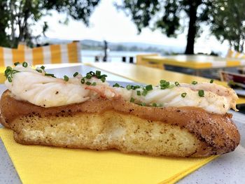 Close-up of food served on table