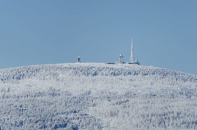 Snow on field against clear sky