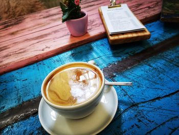 High angle view of coffee on table