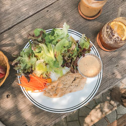 High angle view of breakfast served on table