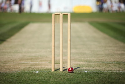 Cricket ball by stump on playing field