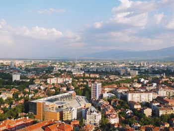 High angle shot of townscape against sky