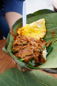 Close-up of person holding food on leaves