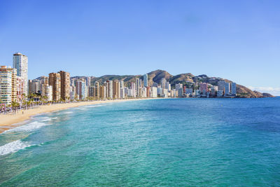 Panorama of playa de levante in benidorm, comunidad valenciana, spain. in the mediterranean coast.