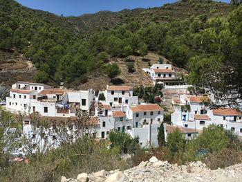 Houses on mountain against sky