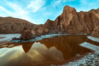 Scenic view of lake by mountains against sky