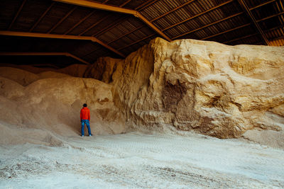 Rear view of man standing against rock