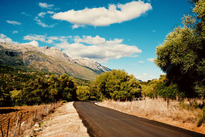 Country road by trees against sky