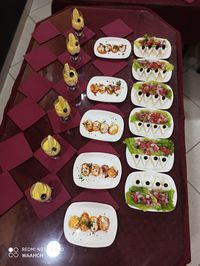 High angle view of sushi served on table