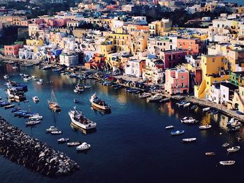 High angle view of boats moored at harbor