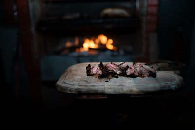 Close-up of meat on barbecue grill