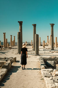 Rear view of man standing by columns against clear sky