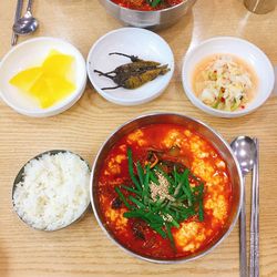 High angle view of meal served on table