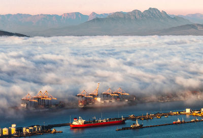 High angle view of harbour at sunset