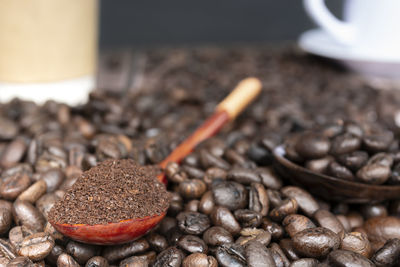 Roasted coffee beans and coffee powder or ground coffee in wooden spoon isolated background