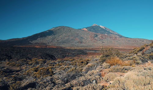 Scenic view of arid landscape against clear blue sky