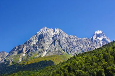 Scenic view of snowcapped mountains against clear blue sky