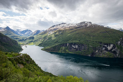 Scenic view of river amidst mountains against sky