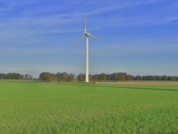Wind turbines on grassy field