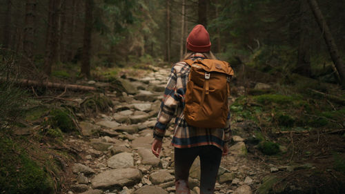 Back view of the woman in autumn clothes walking in autumn forest