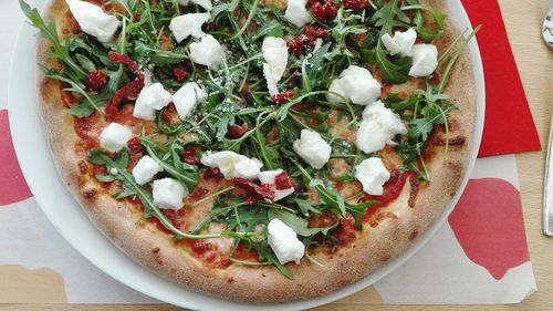High angle view of pizza on table