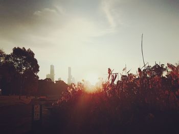 Group of people in front of building at sunset