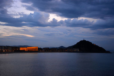 Scenic view of sea by buildings against sky at dusk