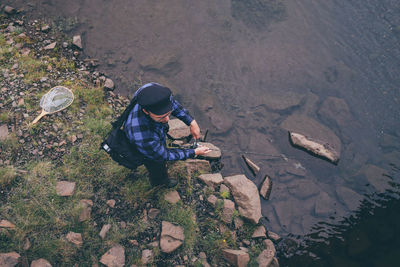 High angle view of girl playing in water