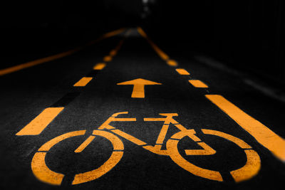 High angle view of bicycle lane at night