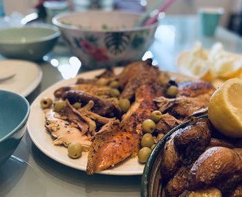 Close-up of food served on table