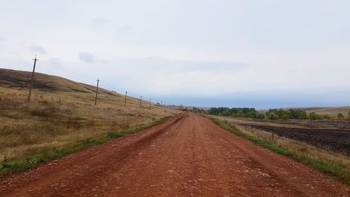 Dirt road amidst field against sky