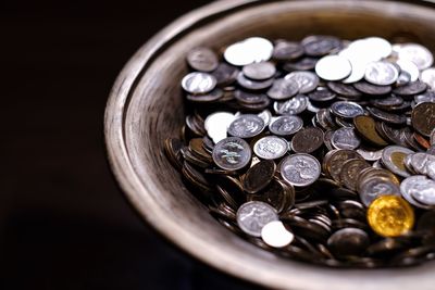 High angle view of coins in container on table