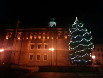 Illuminated christmas tree against building at night