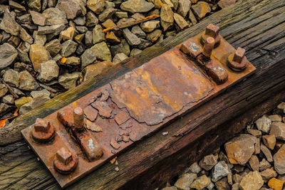 Close-up of rusty wood on rock