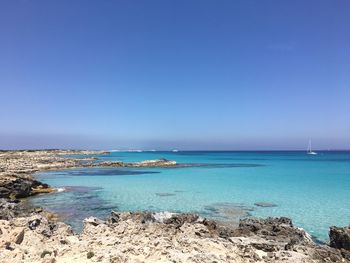 Scenic view of sea against clear blue sky