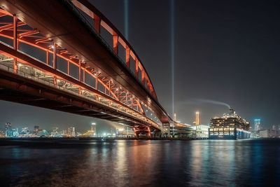 Illuminated bridge over river at night