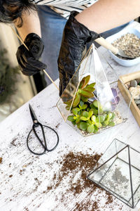 High angle view of man working food