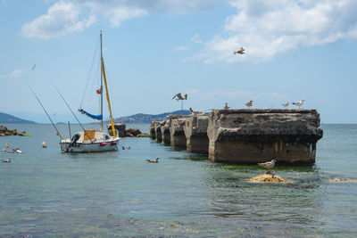 Sailboats in sea against sky