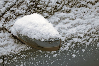 Snow covered car and rearview mirror