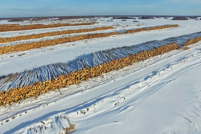 Scenic view of snow covered field against sky