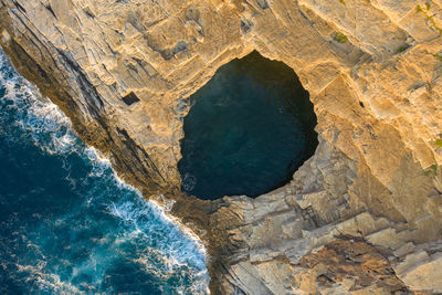 High angle view of rock formations in sea